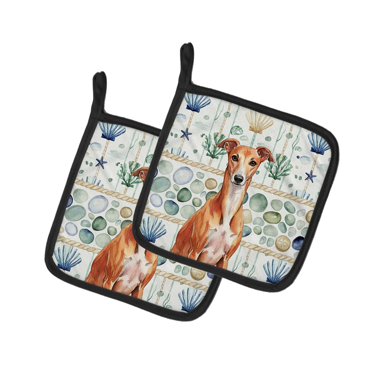 Picture of Carolines Treasures WDK7255PTHD 7.5 x 7.5 in. Red Whippet Coastal Sea Glass Pair of Pot Holders