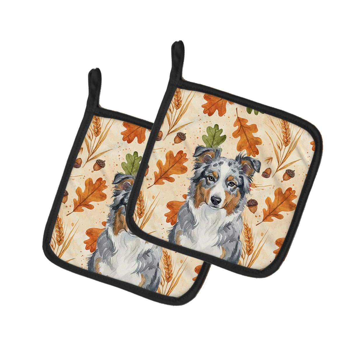 Picture of Carolines Treasures WDK7680PTHD 7.5 x 7.5 in. Blue Merle American Shepherd Heirloom Fall Pair of Pot Holders