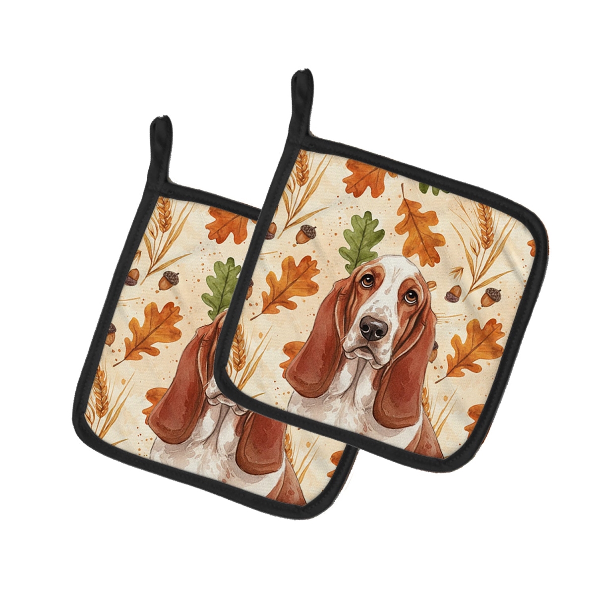Picture of Carolines Treasures WDK7697PTHD 7.5 x 7.5 in. Red & White Basset Hound Heirloom Fall Pair of Pot Holders