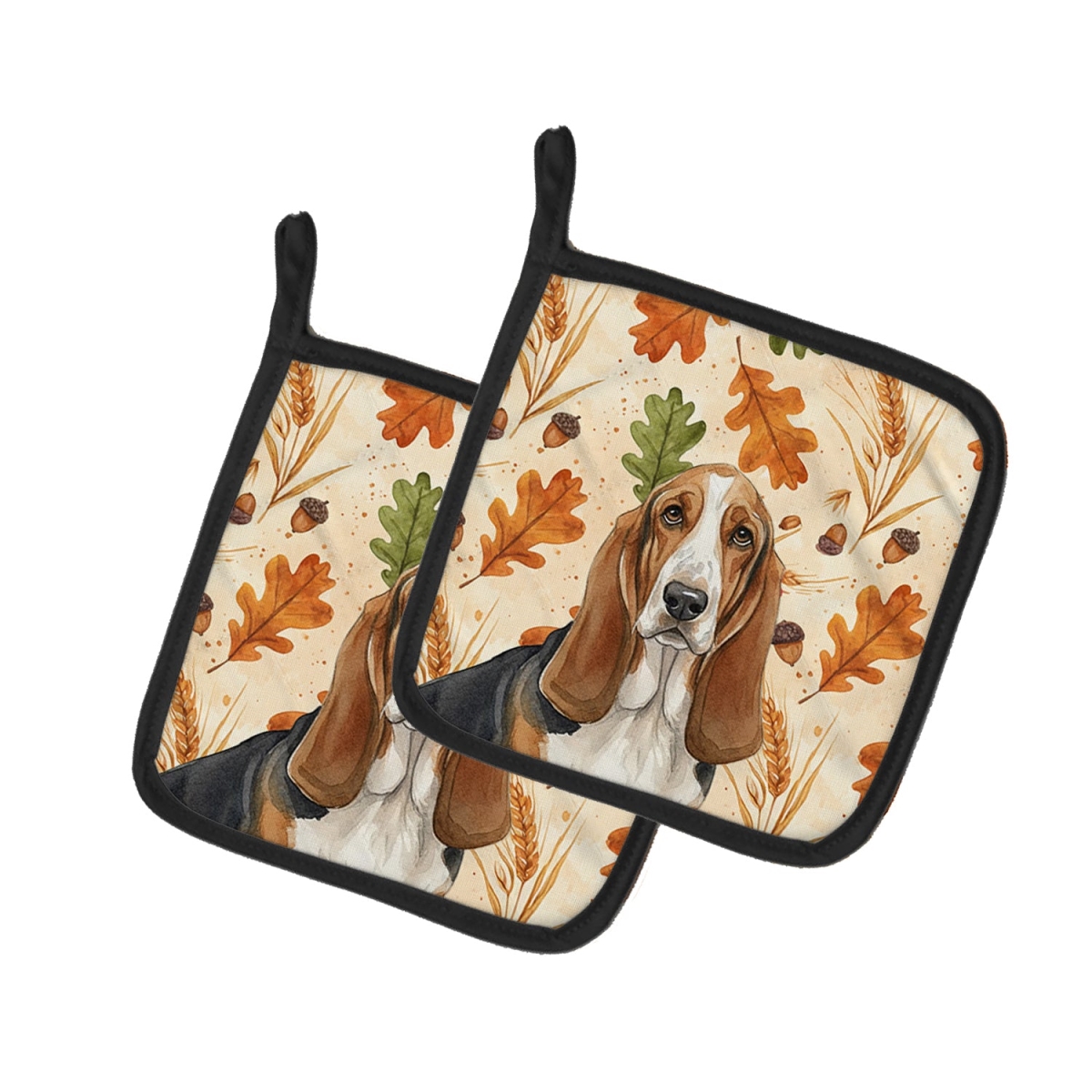 Picture of Carolines Treasures WDK7698PTHD 7.5 x 7.5 in. Tricolor & White Basset Hound Heirloom Fall Pair of Pot Holders