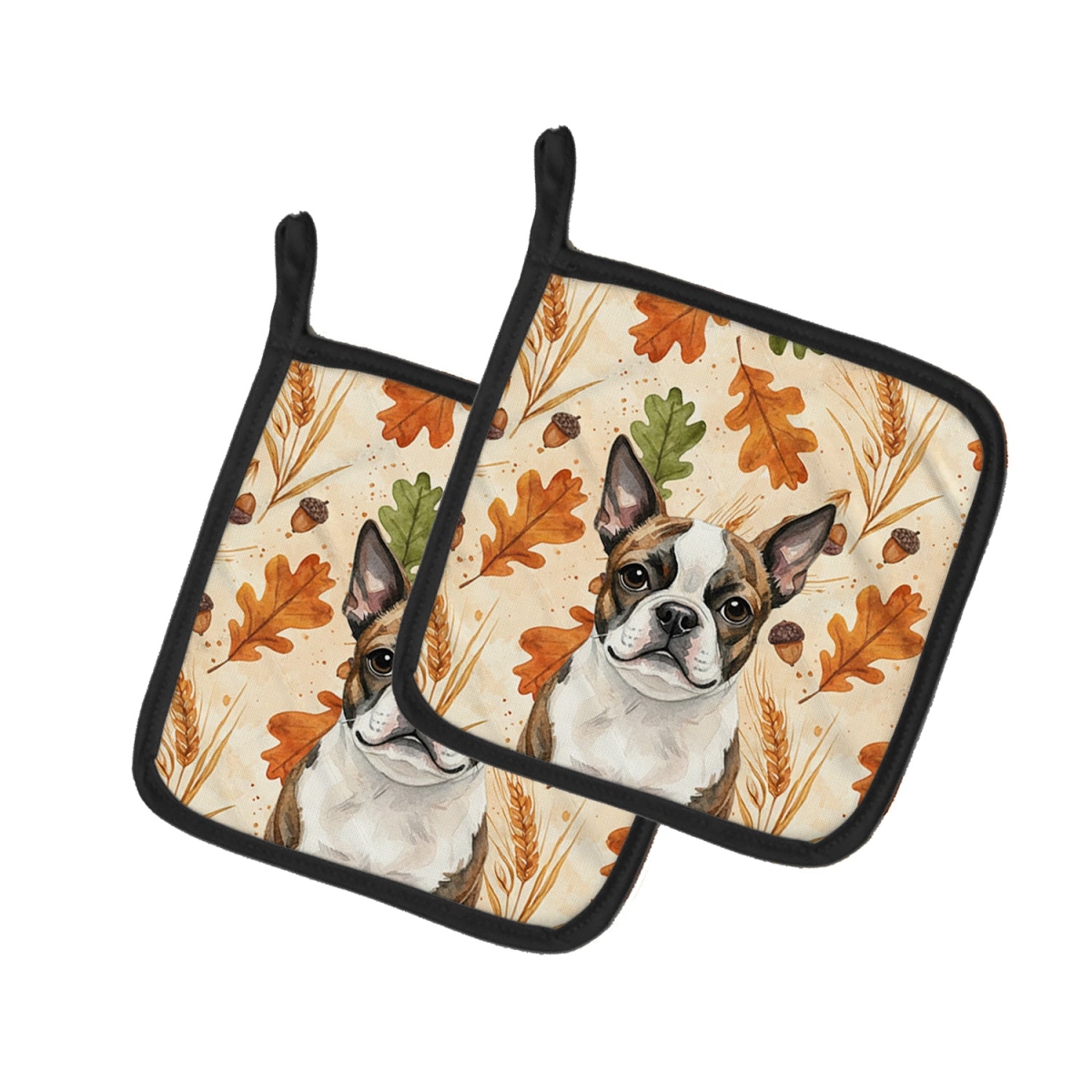 Picture of Carolines Treasures WDK7731PTHD 7.5 x 7.5 in. Brindle Boston Terrier Heirloom Fall Pair of Pot Holders