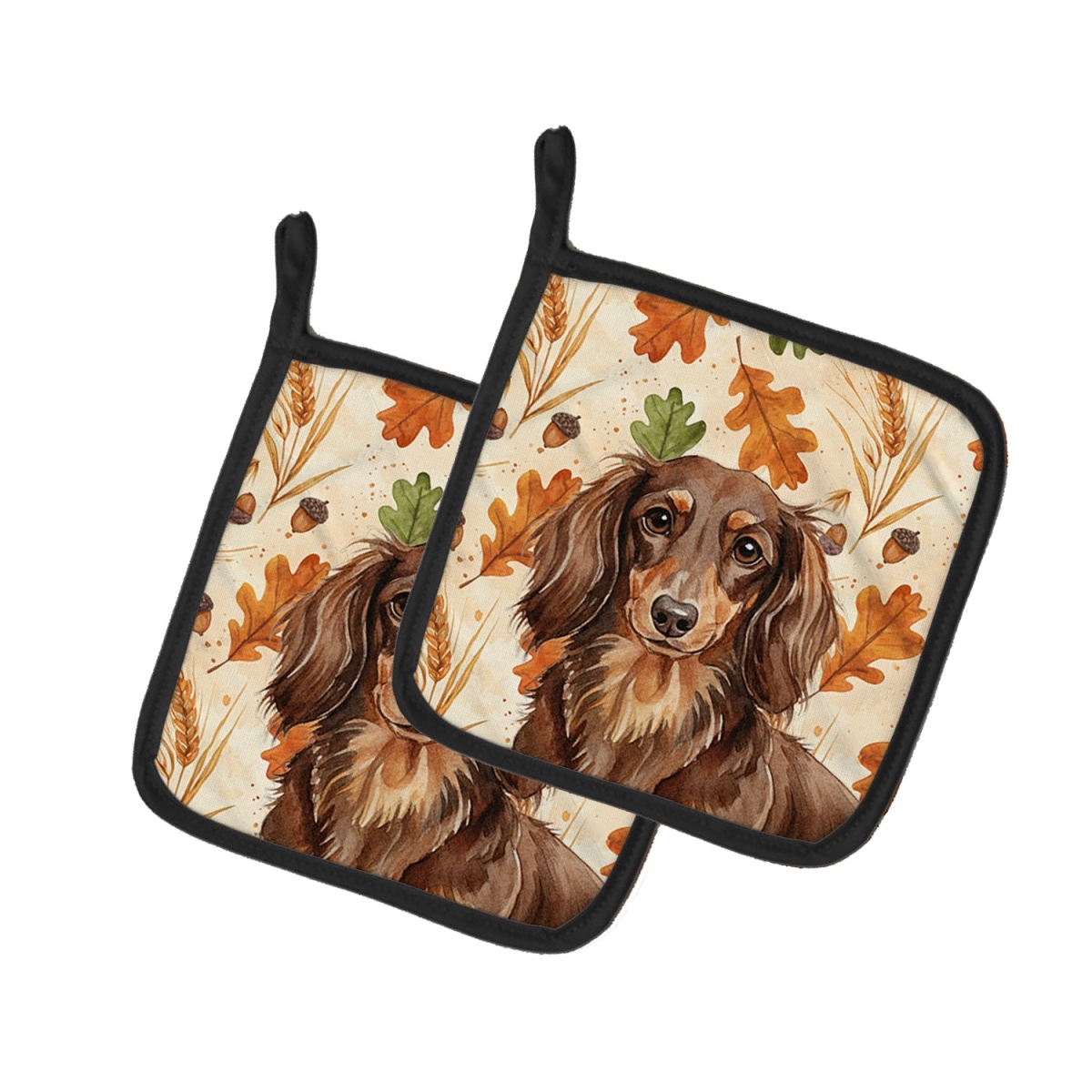 Picture of Carolines Treasures WDK7796PTHD 7.5 x 7.5 in. Longhaired Chocolate & Tan Dachshund Heirloom Fall Pair of Pot Holders
