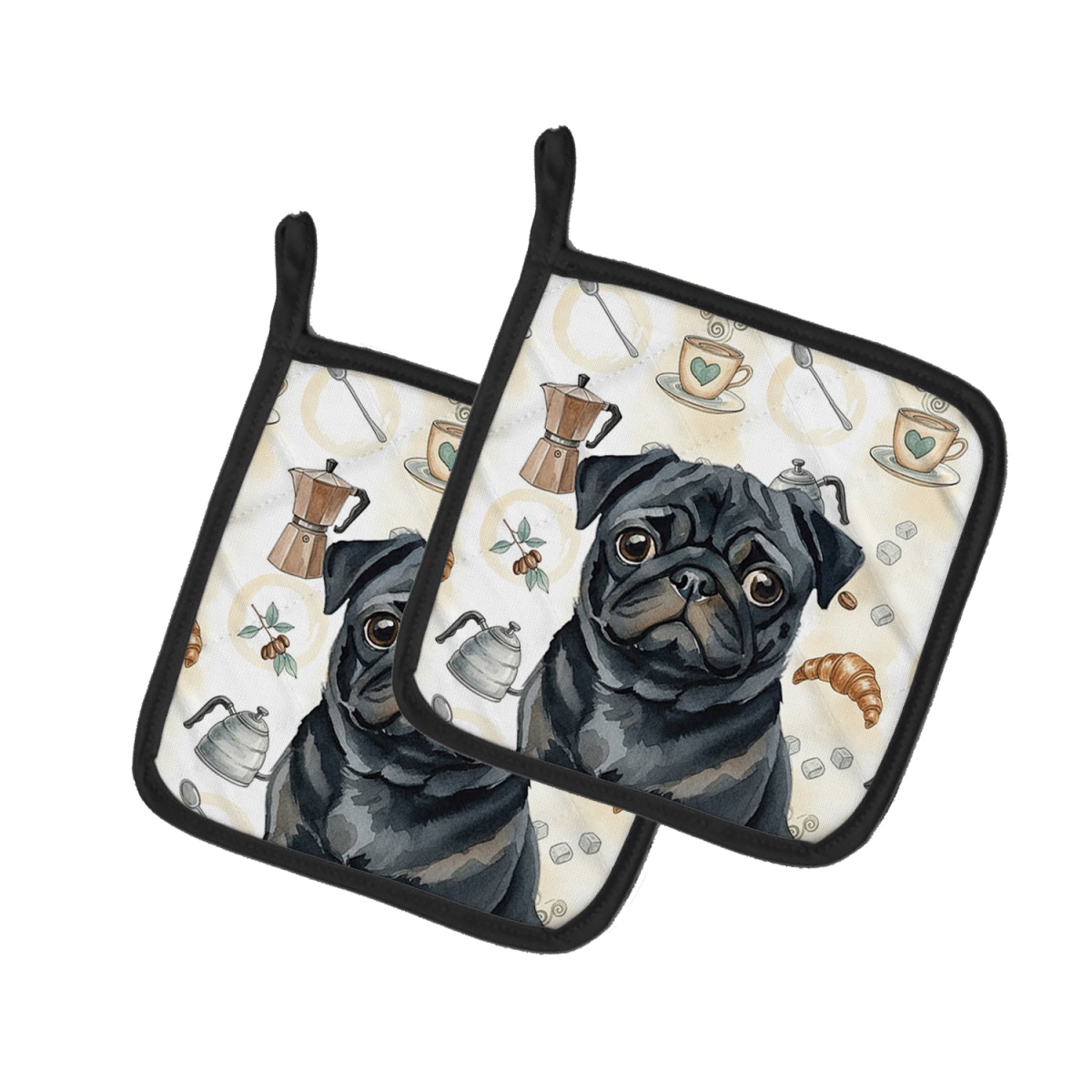 Picture of Carolines Treasures WDK7581PTHD 7.5 x 7.5 in. Black Pug Coffee Bar Pair of Pot Holders
