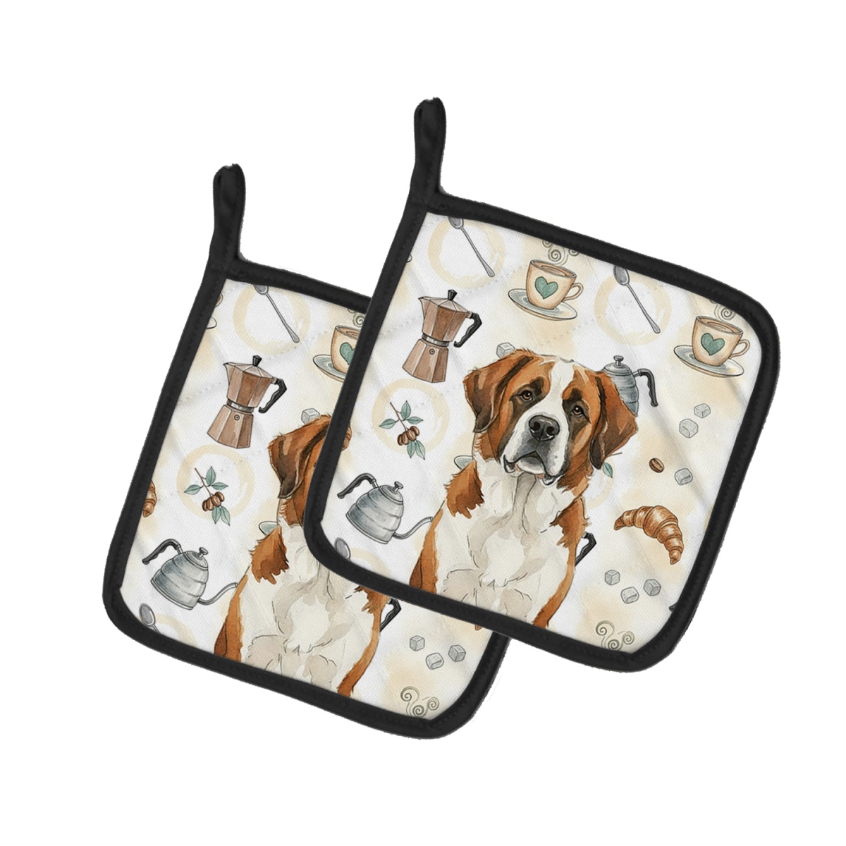 Picture of Carolines Treasures WDK7593PTHD 7.5 x 7.5 in. Brown & White Saint Bernard Coffee Bar Pair of Pot Holders