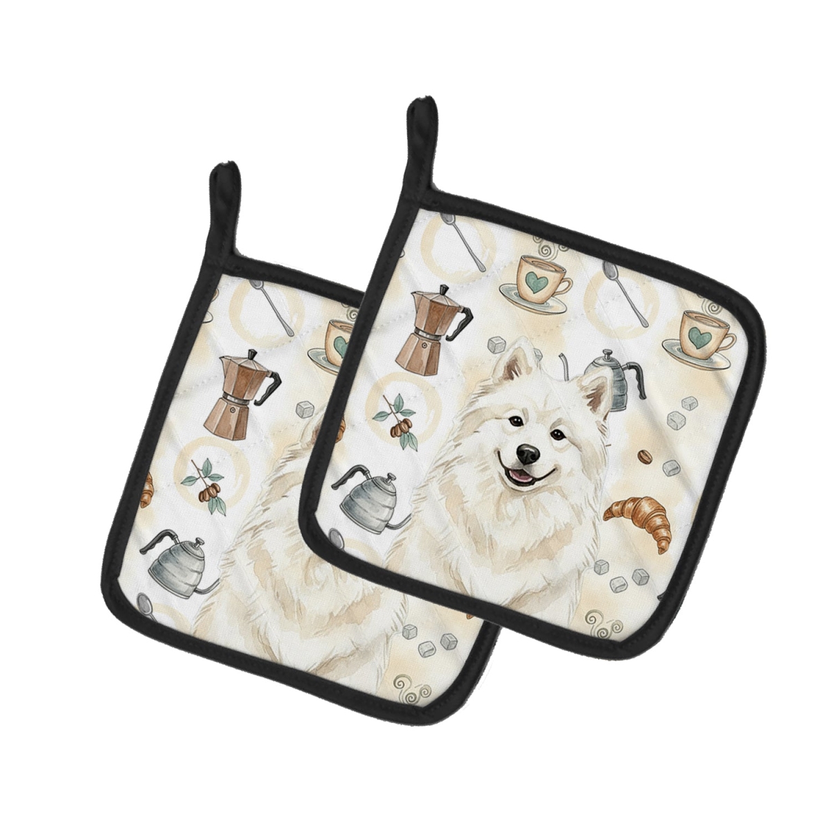 Picture of Carolines Treasures WDK7598PTHD 7.5 x 7.5 in. Cream Samoyed Coffee Bar Pair of Pot Holders