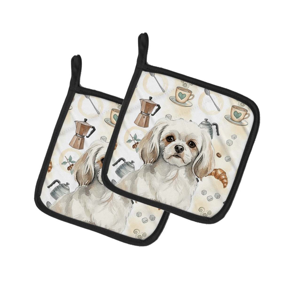 Picture of Carolines Treasures WDK7643PTHD 7.5 x 7.5 in. White Tibetan Spaniel Coffee Bar Pair of Pot Holders