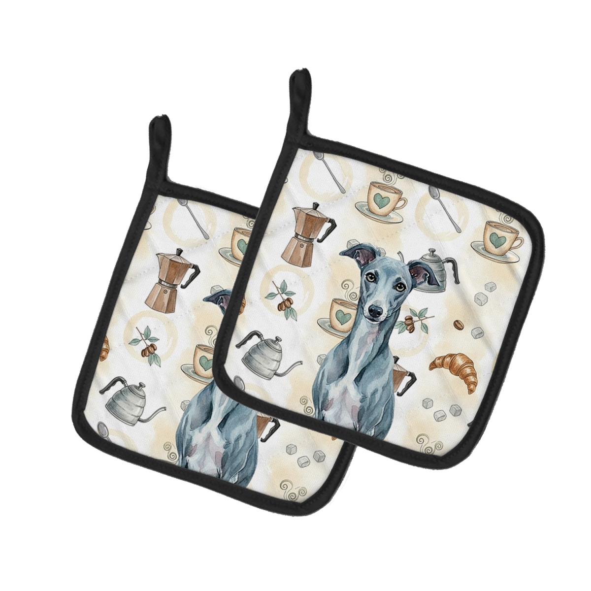 Picture of Carolines Treasures WDK7652PTHD 7.5 x 7.5 in. Blue Whippet Coffee Bar Pair of Pot Holders