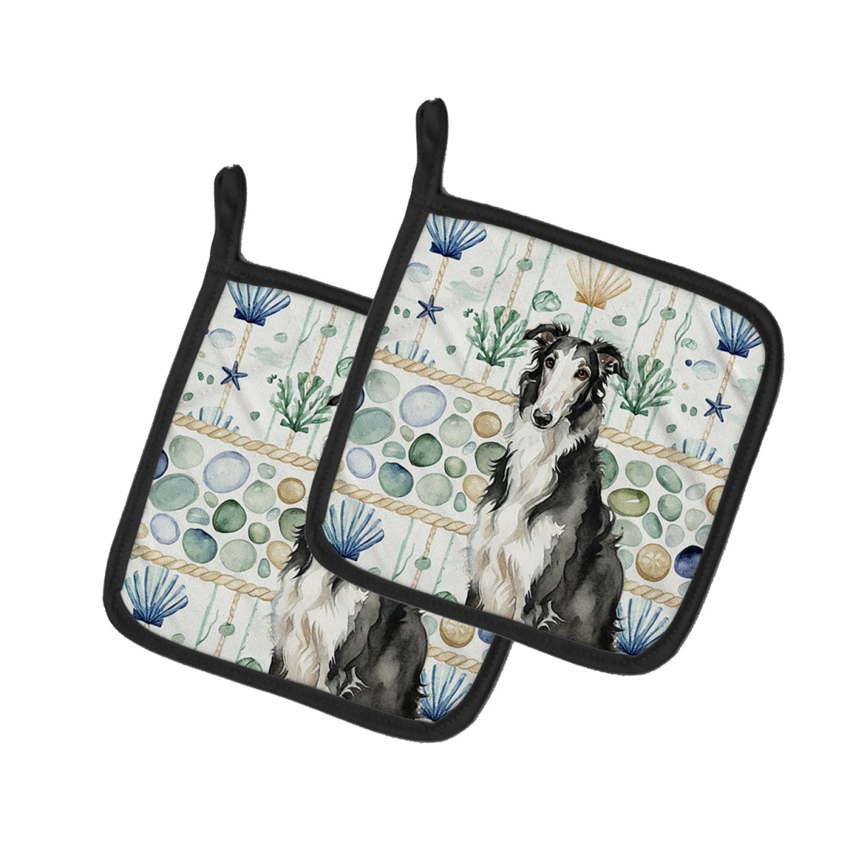 Picture of Carolines Treasures WDK6929PTHD 7.5 x 7.5 in. Black & White Borzoi Coastal Sea Glass Pair of Pot Holders