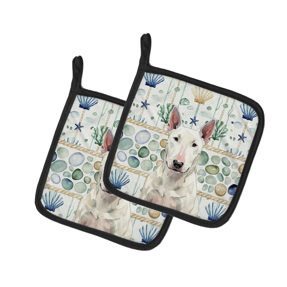 Picture of Carolines Treasures WDK6952PTHD 7.5 x 7.5 in. White Bull Terrier Coastal Sea Glass Pair of Pot Holders