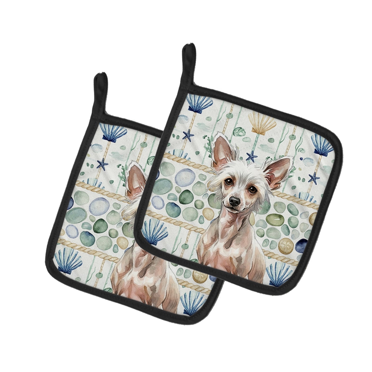 Picture of Carolines Treasures WDK6973PTHD 7.5 x 7.5 in. Hairless Chinese Crested Coastal Sea Glass Pair of Pot Holders