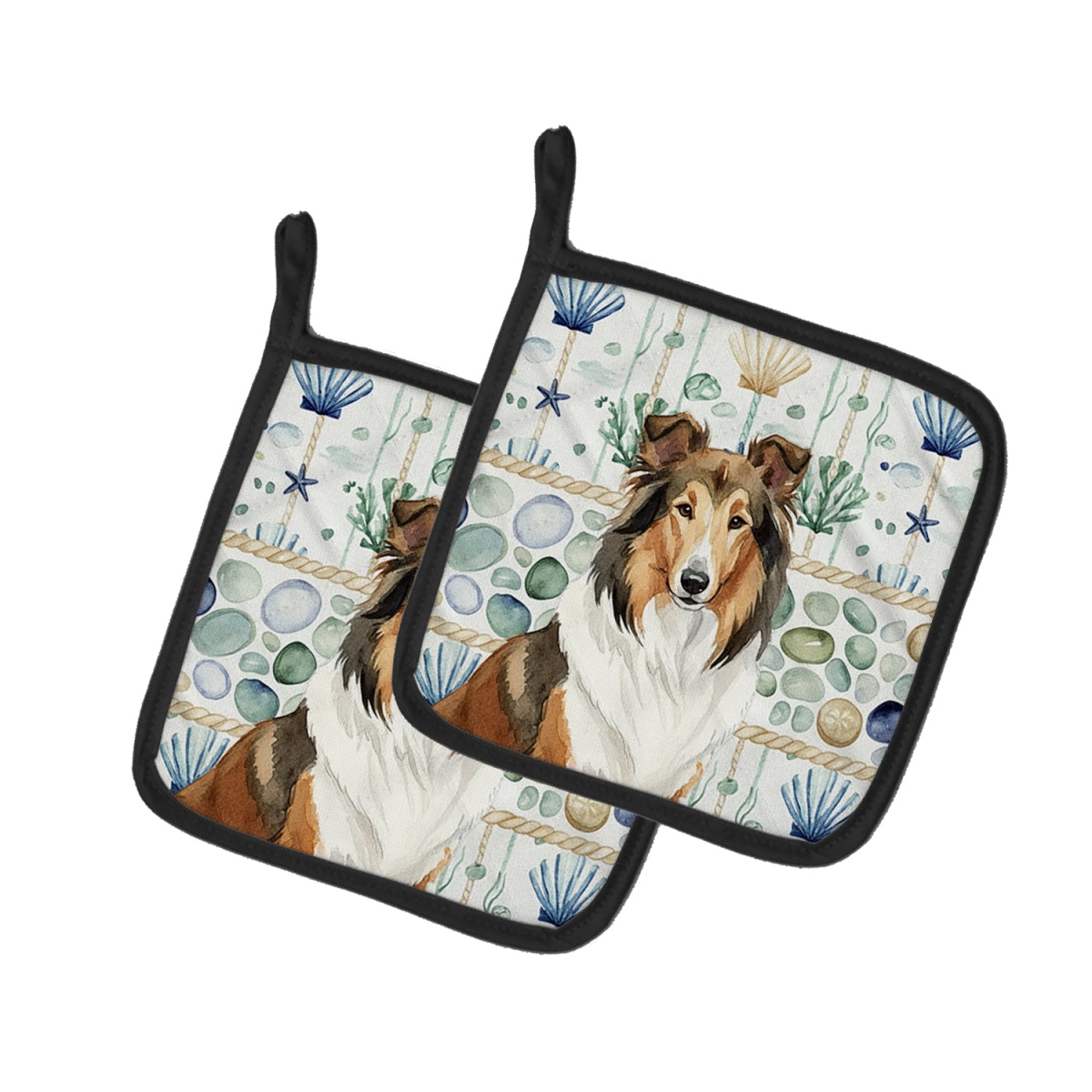 Picture of Carolines Treasures WDK6986PTHD 7.5 x 7.5 in. Sable Collie Coastal Sea Glass Pair of Pot Holders