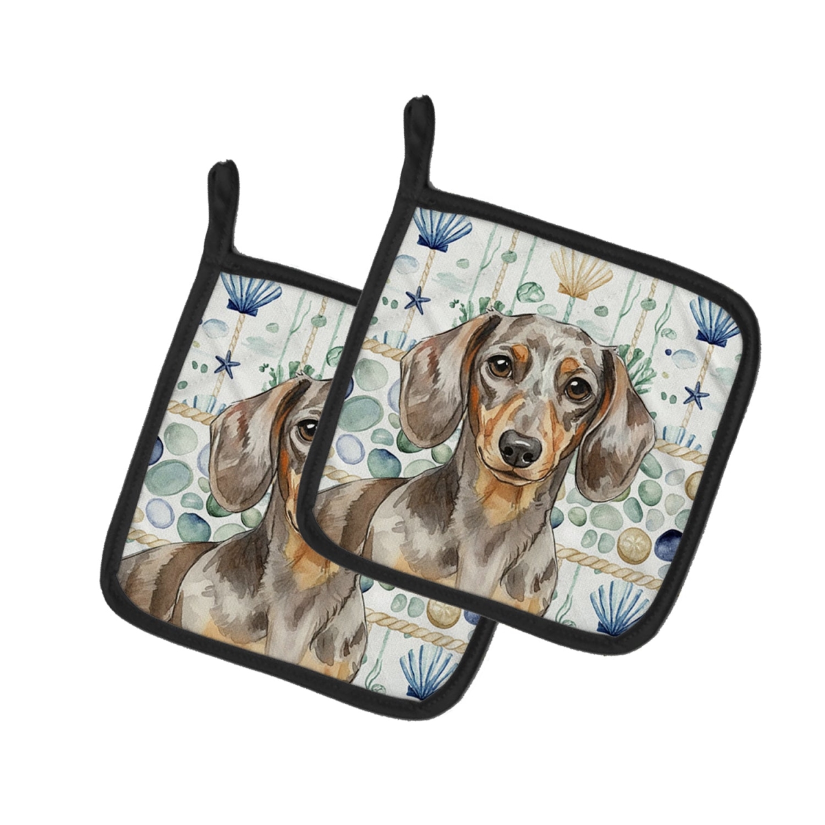 Picture of Carolines Treasures WDK6994PTHD 7.5 x 7.5 in. Dapple Dachshund Coastal Sea Glass Pair of Pot Holders