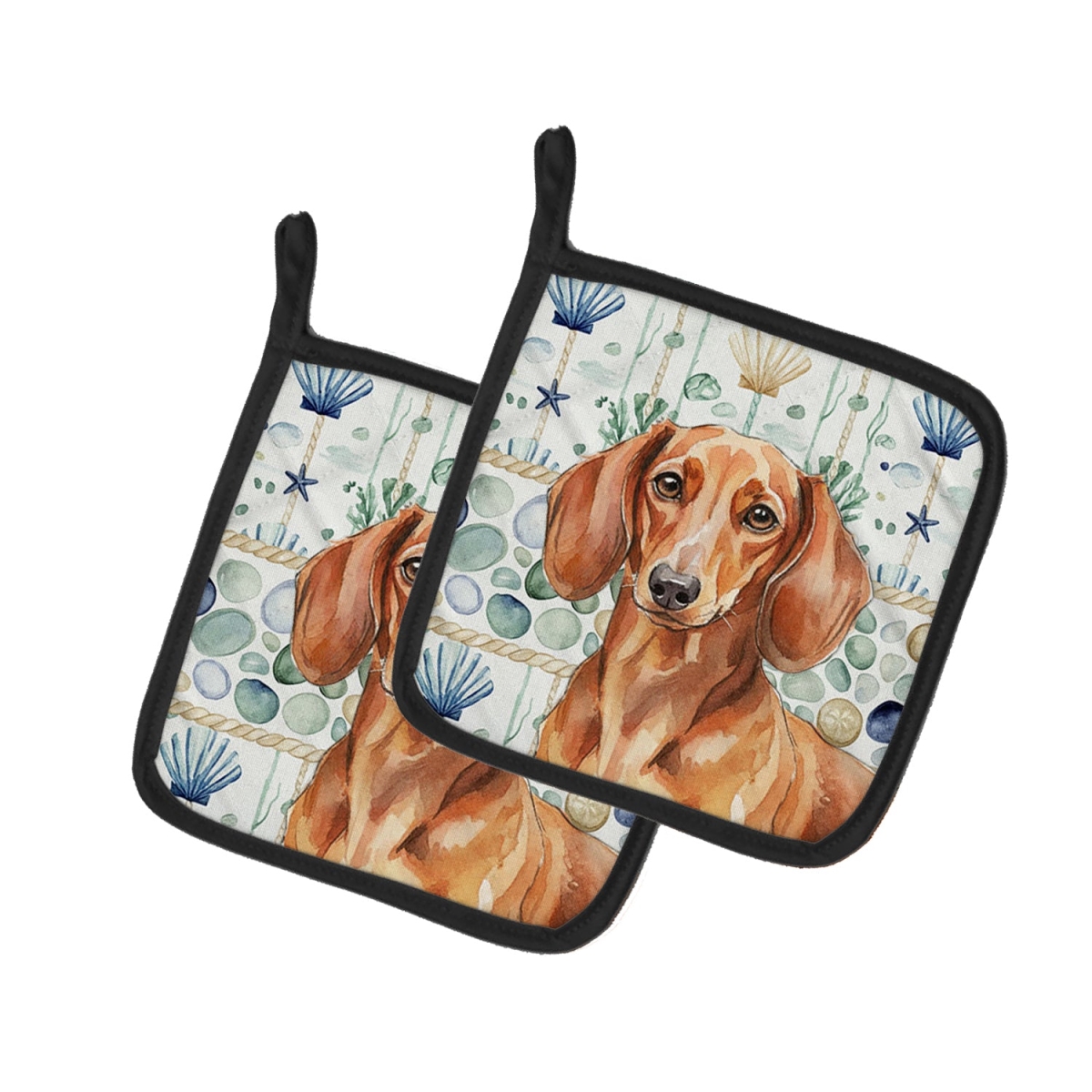 Picture of Carolines Treasures WDK7000PTHD 7.5 x 7.5 in. Red Brown Dachshund Coastal Sea Glass Pair of Pot Holders