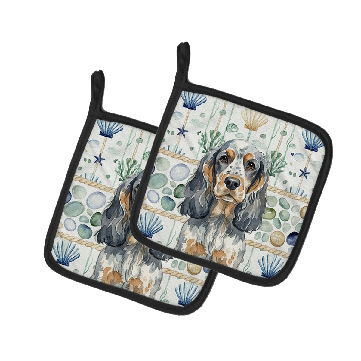 Picture of Carolines Treasures WDK7017PTHD 7.5 x 7.5 in. Blue Roan & Tan English Cocker Spaniel Coastal Sea Glass Pair of Pot Holders