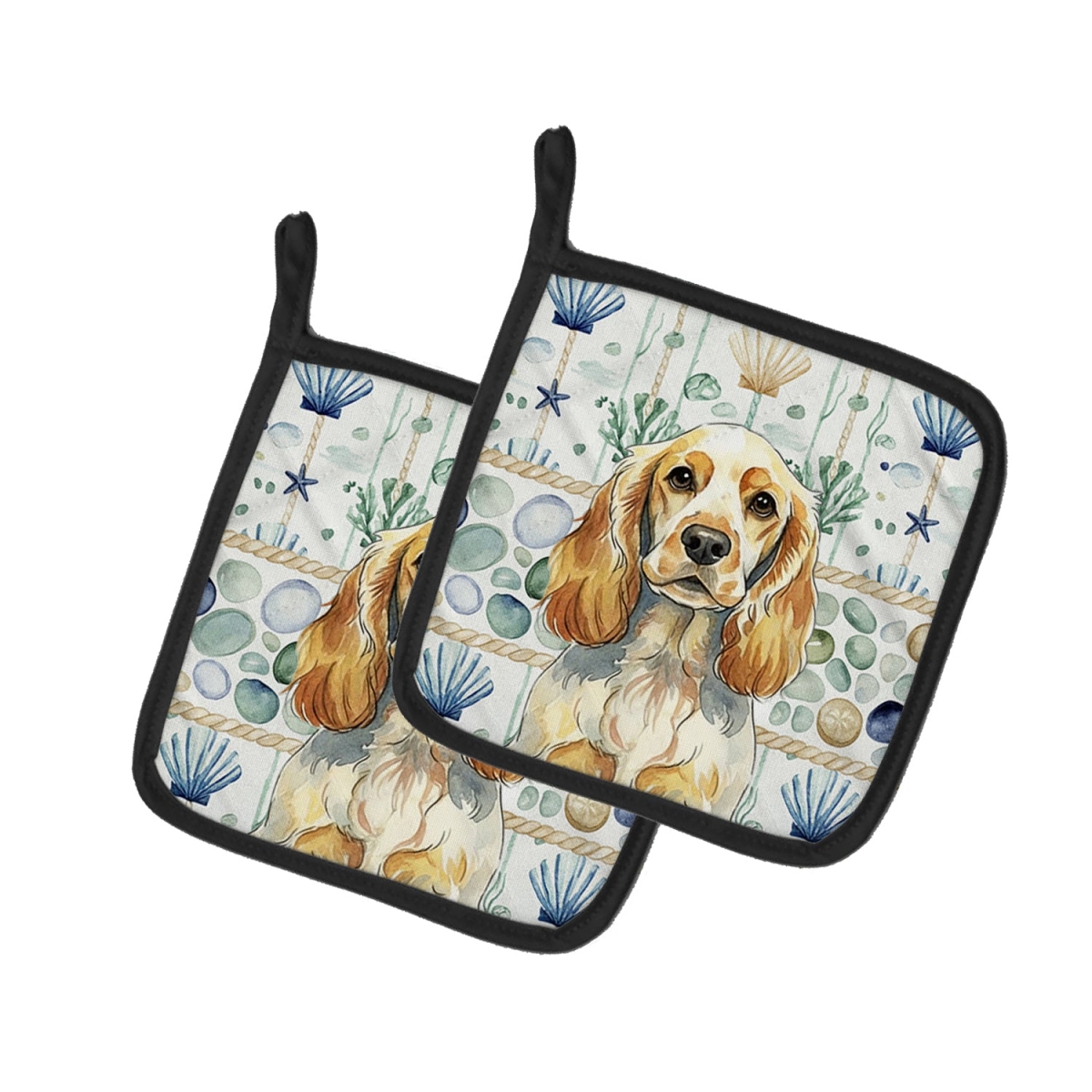 Picture of Carolines Treasures WDK7019PTHD 7.5 x 7.5 in. Lemon Roan English Cocker Spaniel Coastal Sea Glass Pair of Pot Holders