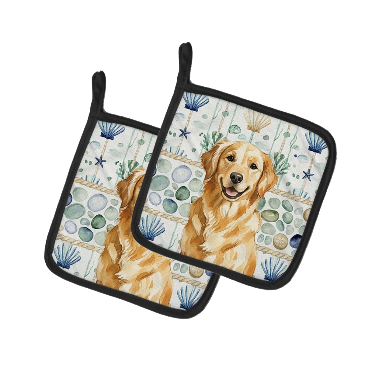 Picture of Carolines Treasures WDK7051PTHD 7.5 x 7.5 in. Golden Retriever Coastal Sea Glass Pair of Pot Holders