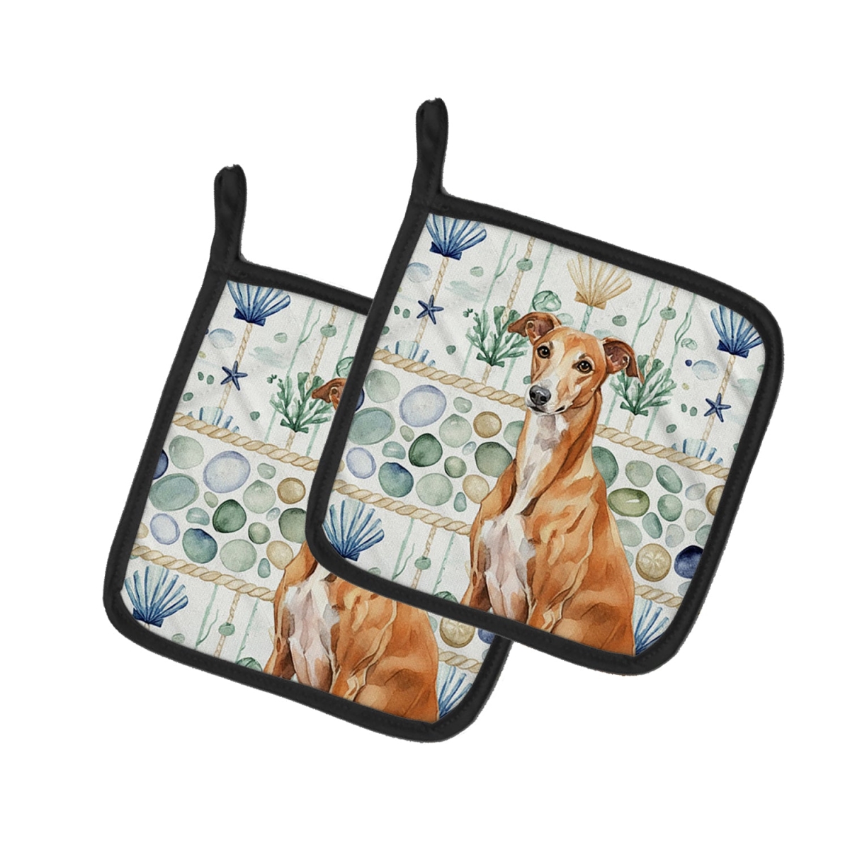 Picture of Carolines Treasures WDK7065PTHD 7.5 x 7.5 in. Red Greyhound Coastal Sea Glass Pair of Pot Holders