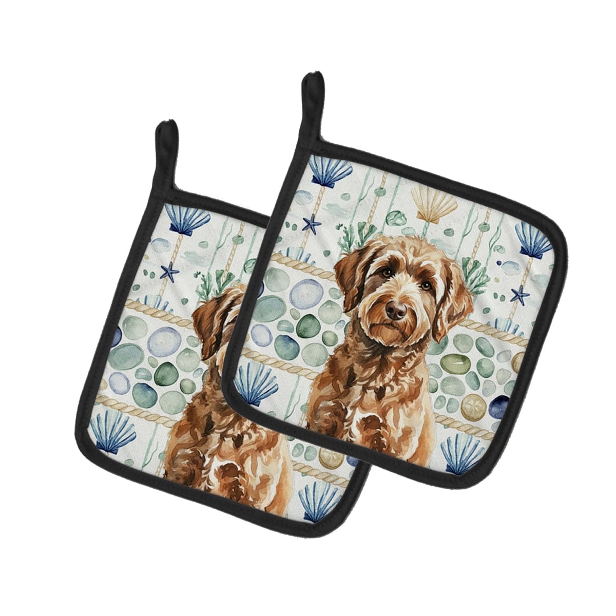 Picture of Carolines Treasures WDK7090PTHD 7.5 x 7.5 in. Chocolate Labradoodle Coastal Sea Glass Pair of Pot Holders