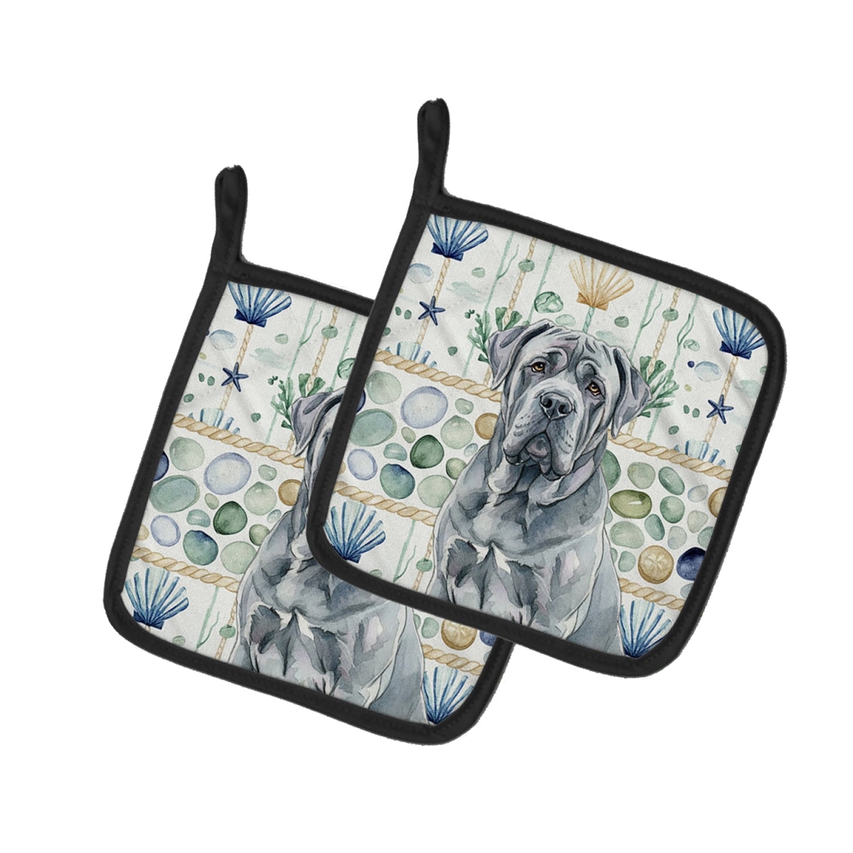 Picture of Carolines Treasures WDK7122PTHD 7.5 x 7.5 in. Blue Neapolitan Mastiff Coastal Sea Glass Pair of Pot Holders
