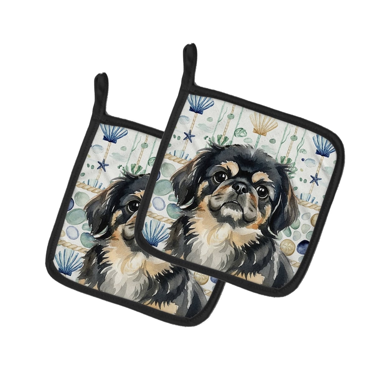 Picture of Carolines Treasures WDK7147PTHD 7.5 x 7.5 in. Black & Tan Pekingese Coastal Sea Glass Pair of Pot Holders