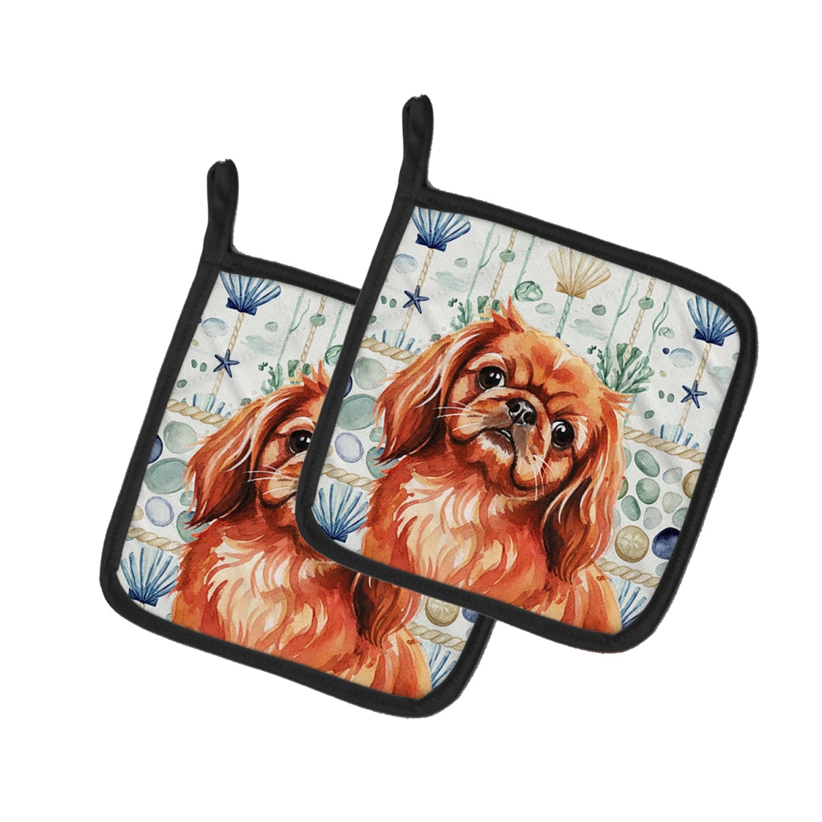 Picture of Carolines Treasures WDK7151PTHD 7.5 x 7.5 in. Red Pekingese Coastal Sea Glass Pair of Pot Holders
