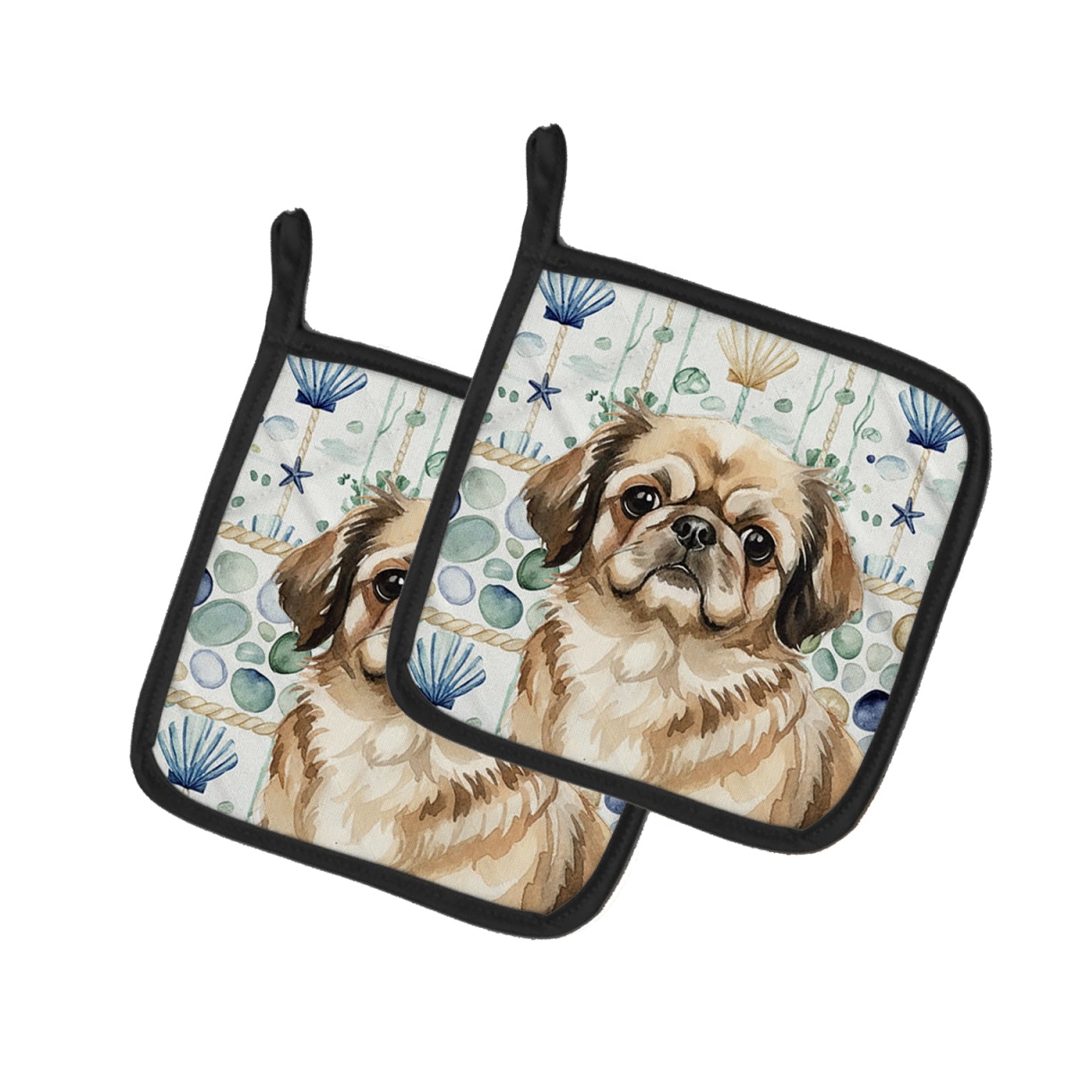 Picture of Carolines Treasures WDK7152PTHD 7.5 x 7.5 in. Sable Pekingese Coastal Sea Glass Pair of Pot Holders