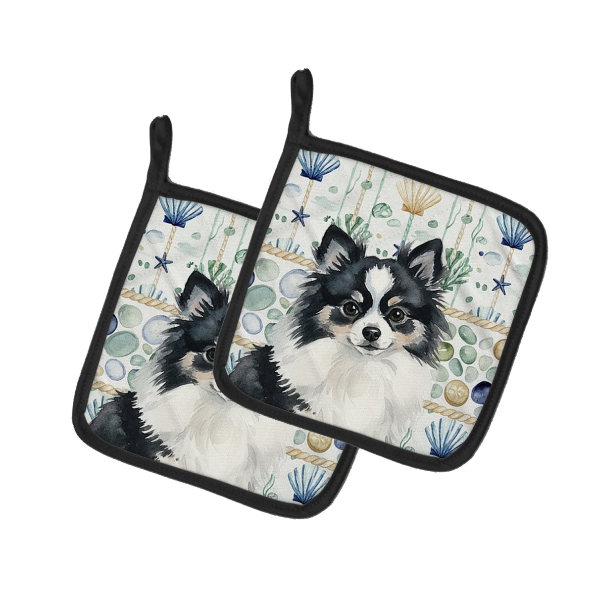 Picture of Carolines Treasures WDK7158PTHD 7.5 x 7.5 in. Black & White Pomeranian Coastal Sea Glass Pair of Pot Holders