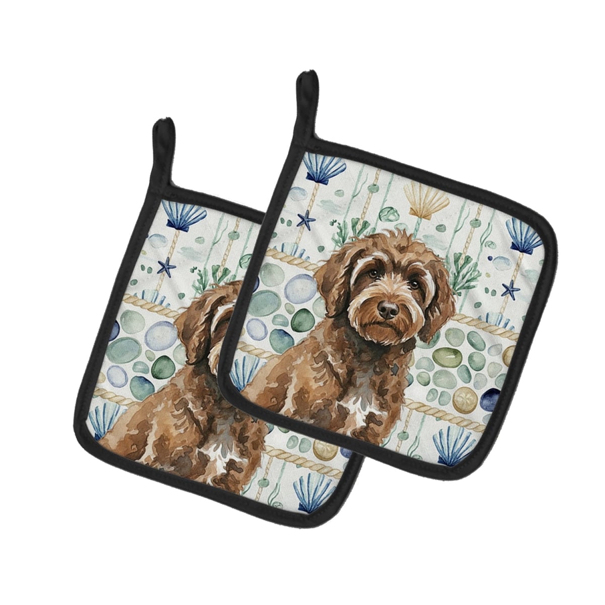 Picture of Carolines Treasures WDK7180PTHD 7.5 x 7.5 in. Brown Portuguese Water Dog Coastal Sea Glass Pair of Pot Holders