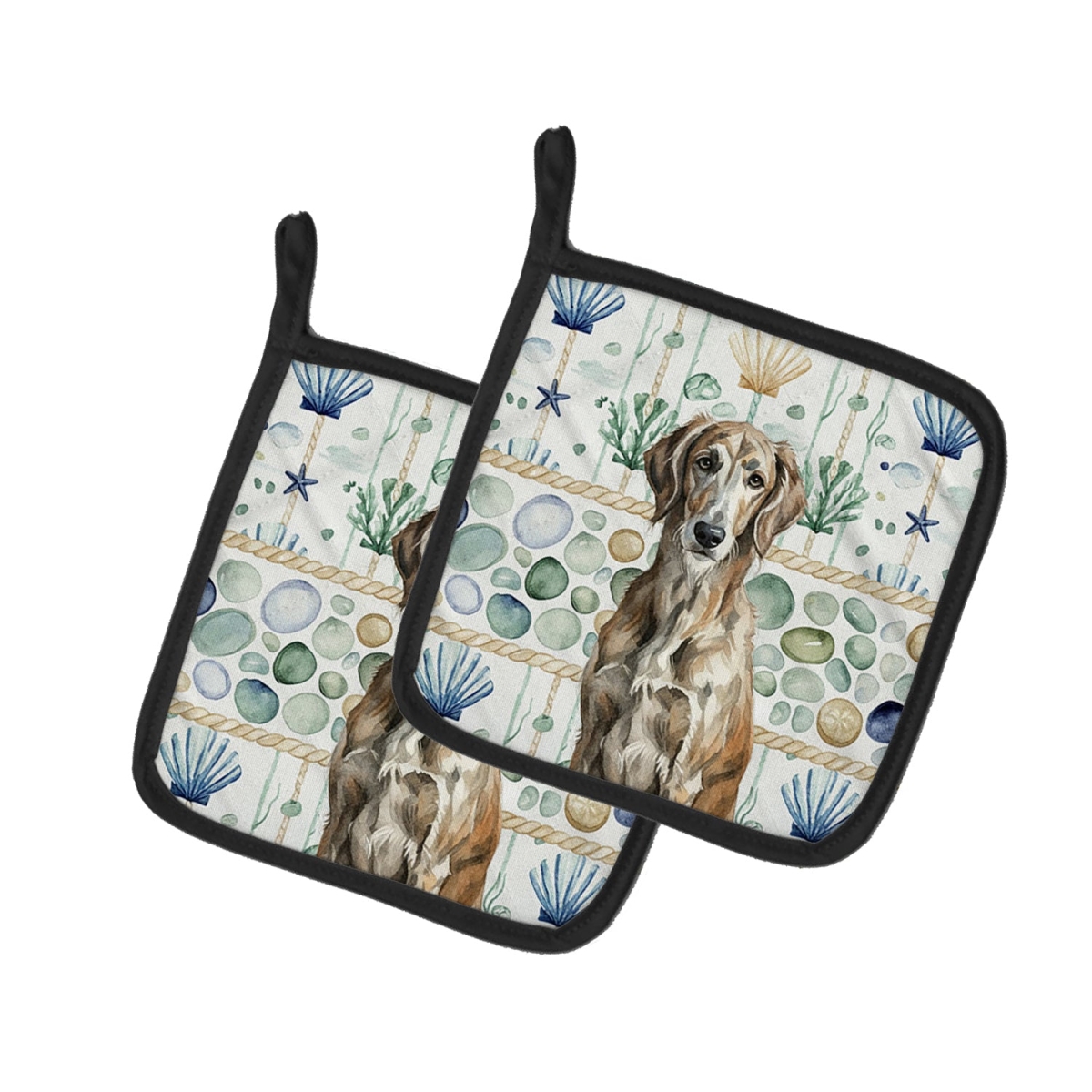 Picture of Carolines Treasures WDK7203PTHD 7.5 x 7.5 in. Brindle Scottish Deerhound Coastal Sea Glass Pair of Pot Holders