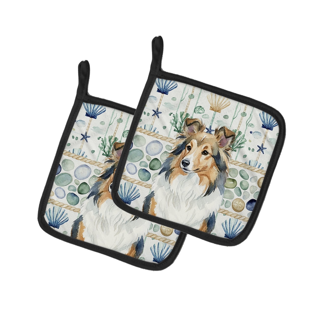 Picture of Carolines Treasures WDK7212PTHD 7.5 x 7.5 in. Sable Sheltie Coastal Sea Glass Pair of Pot Holders