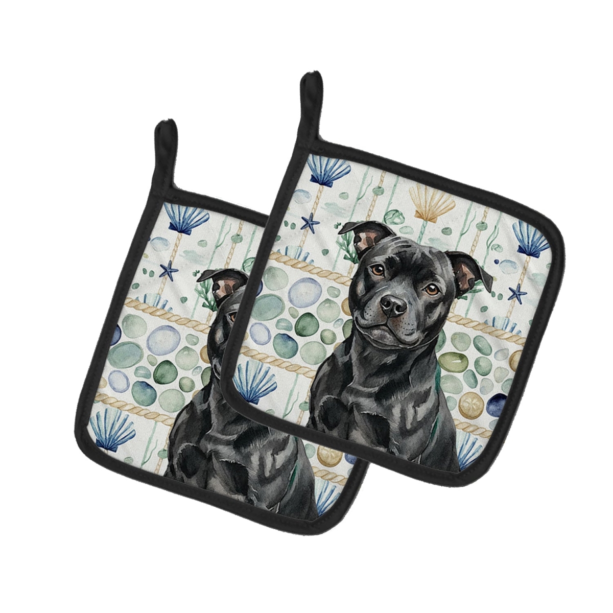 Picture of Carolines Treasures WDK7228PTHD 7.5 x 7.5 in. Black Staffordshire Bull Terrier Coastal Sea Glass Pair of Pot Holders