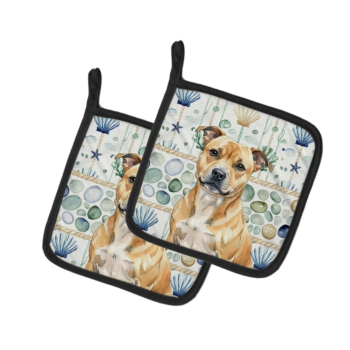 Picture of Carolines Treasures WDK7230PTHD 7.5 x 7.5 in. Fawn Staffordshire Bull Terrier Coastal Sea Glass Pair of Pot Holders