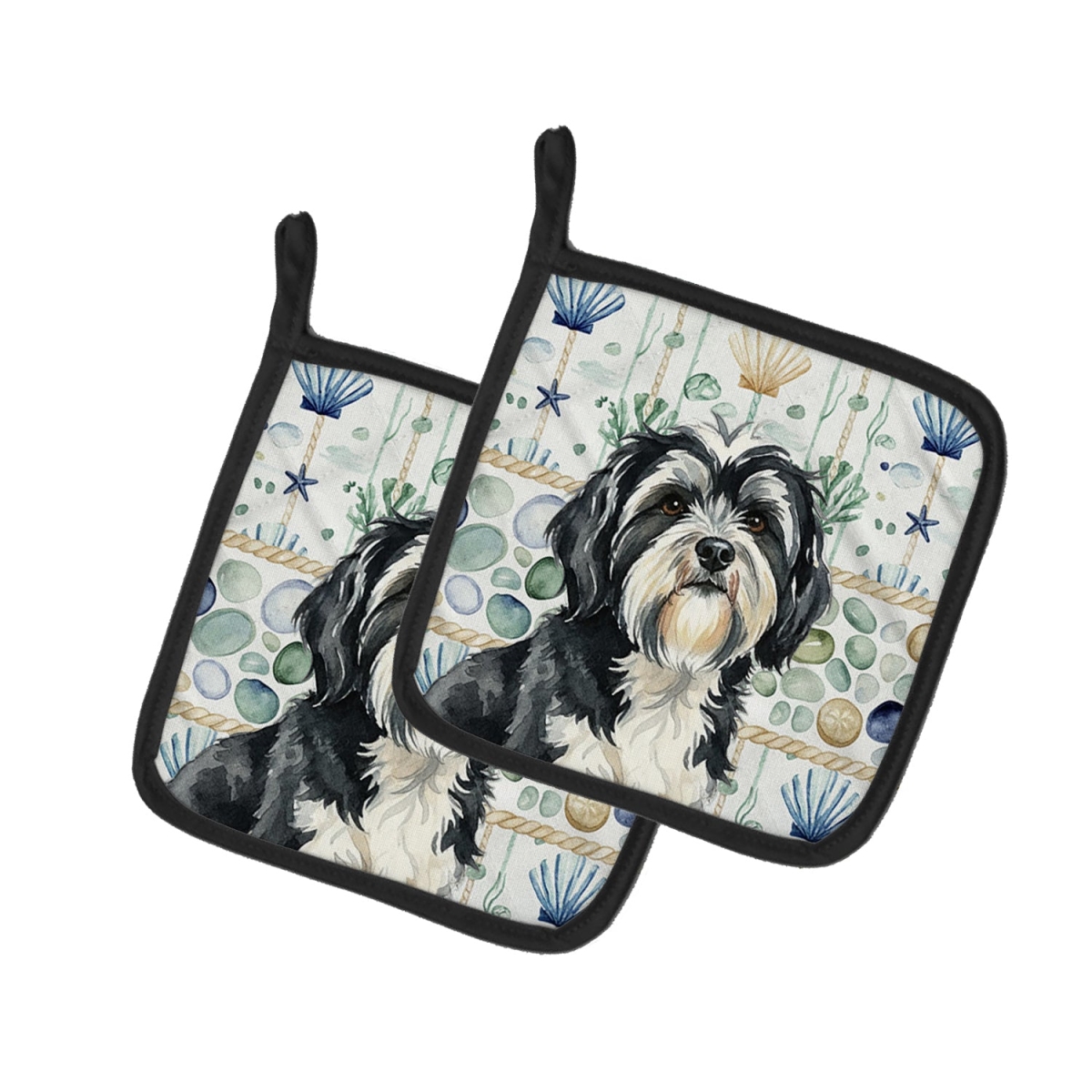 Picture of Carolines Treasures WDK7244PTHD 7.5 x 7.5 in. Black & White Tibetan Terrier Coastal Sea Glass Pair of Pot Holders