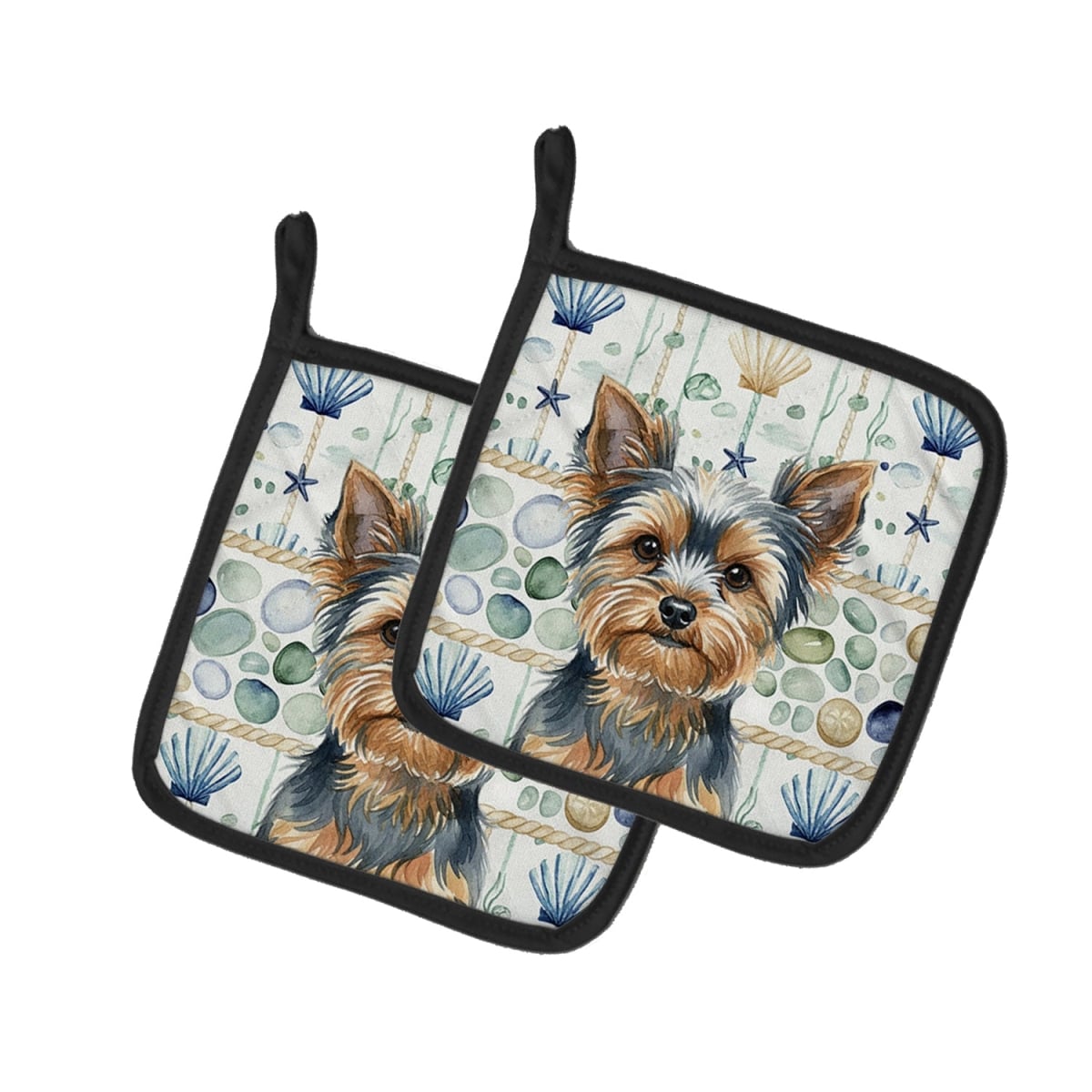 Picture of Carolines Treasures WDK7264PTHD 7.5 x 7.5 in. Blue & Tan Yorkshire Terrier Coastal Sea Glass Pair of Pot Holders