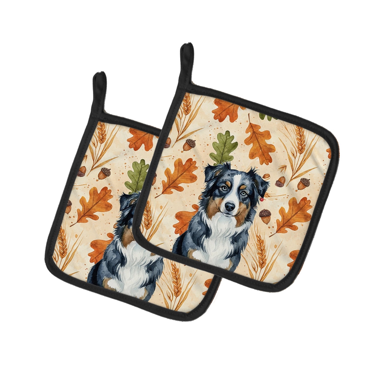 Picture of Carolines Treasures WDK7689PTHD 7.5 x 7.5 in. Black Australian Shepherd Heirloom Fall Pair of Pot Holders