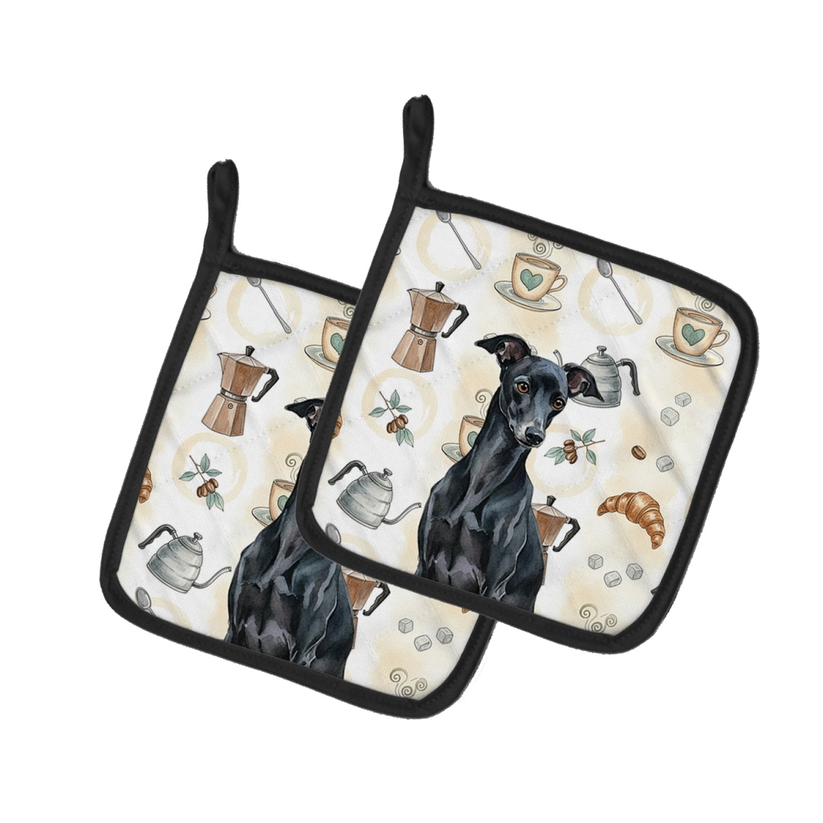 Picture of Carolines Treasures WDK7477PTHD 7.5 x 7.5 in. Black Italian Greyhound Coffee Bar Pair of Pot Holders