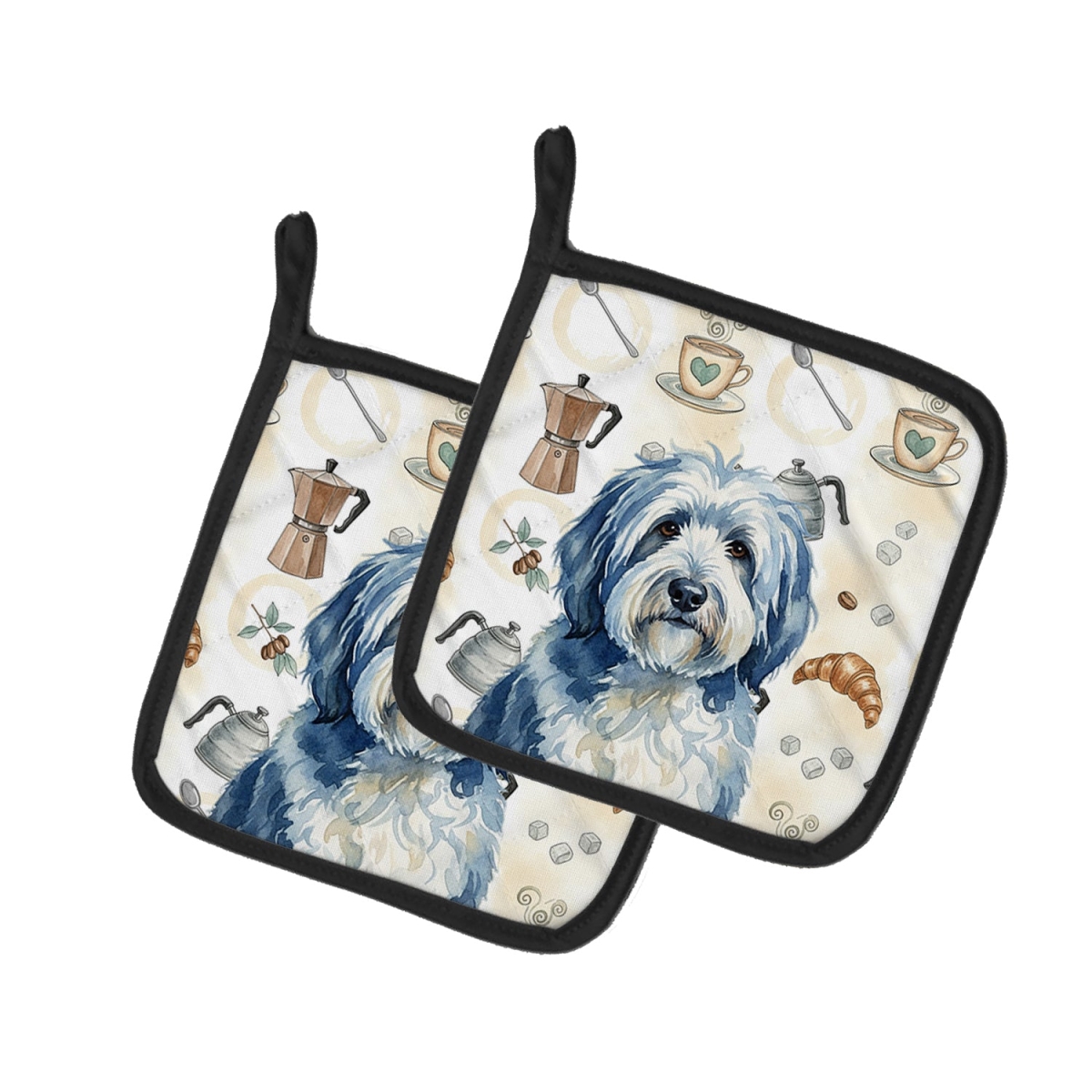 Picture of Carolines Treasures WDK7536PTHD 7.5 x 7.5 in. Blue & White Old English Sheepdog Coffee Bar Pair of Pot Holders