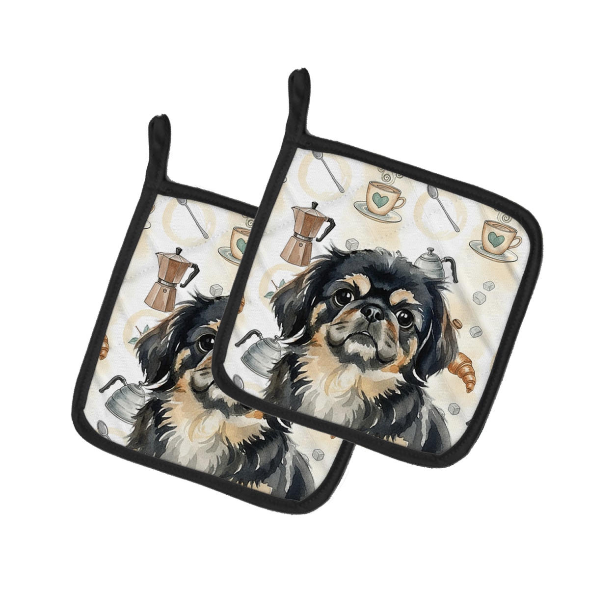 Picture of Carolines Treasures WDK7547PTHD 7.5 x 7.5 in. Black & Tan Pekingese Coffee Bar Pair of Pot Holders