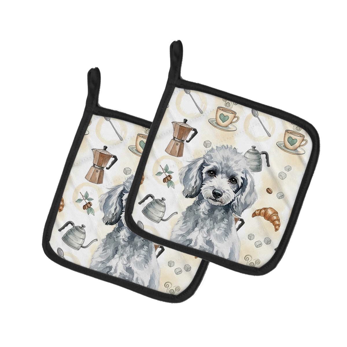 Picture of Carolines Treasures WDK7567PTHD 7.5 x 7.5 in. Miniature Silver Poodle Coffee Bar Pair of Pot Holders