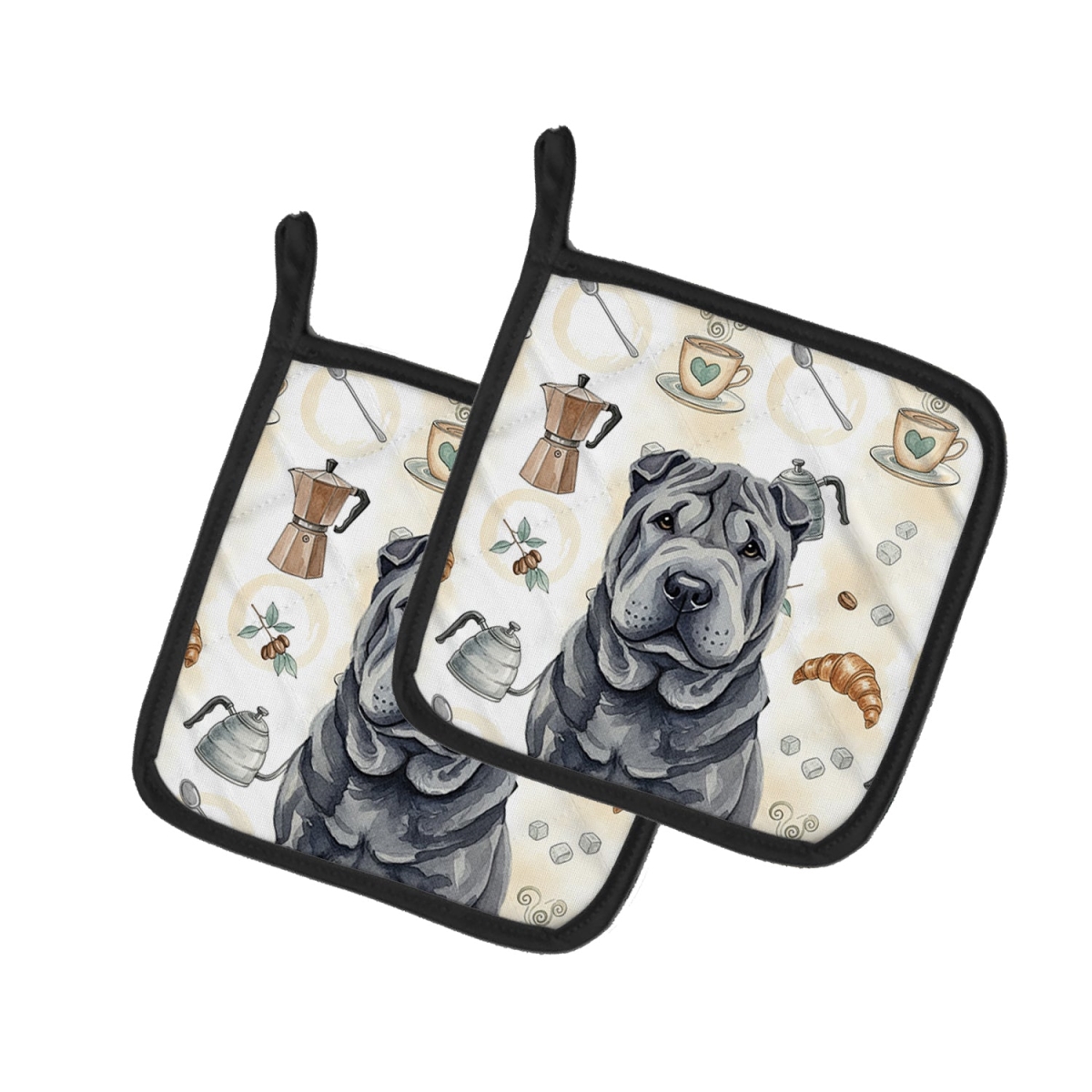 Picture of Carolines Treasures WDK7607PTHD 7.5 x 7.5 in. Black Shar Pei Coffee Bar Pair of Pot Holders