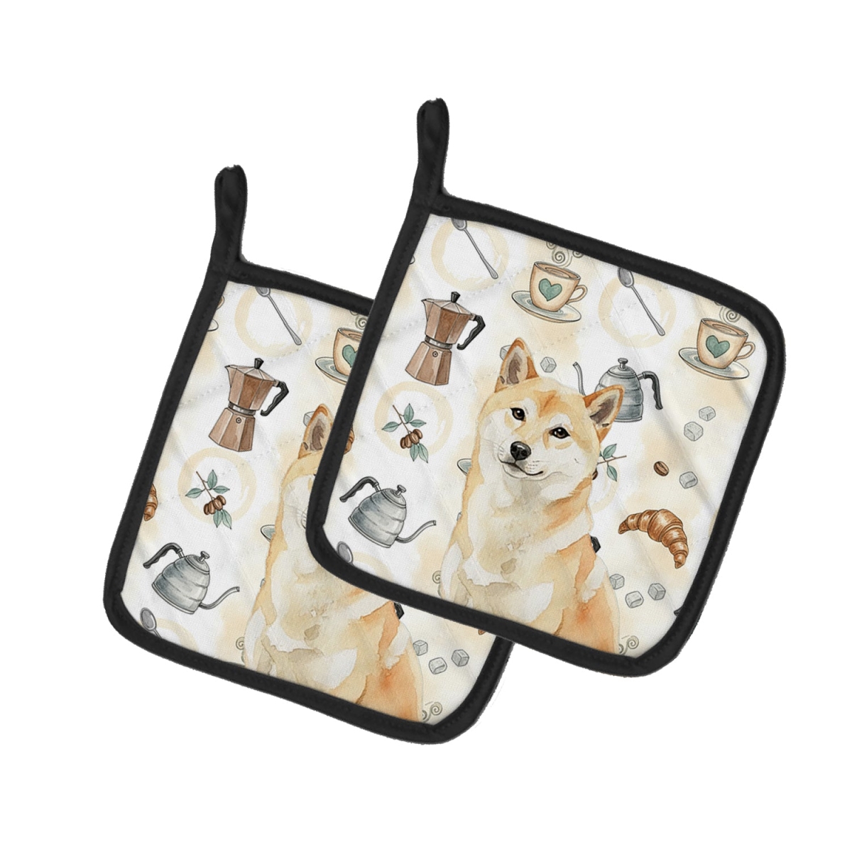 Picture of Carolines Treasures WDK7614PTHD 7.5 x 7.5 in. Cream Shiba Inu Coffee Bar Pair of Pot Holders