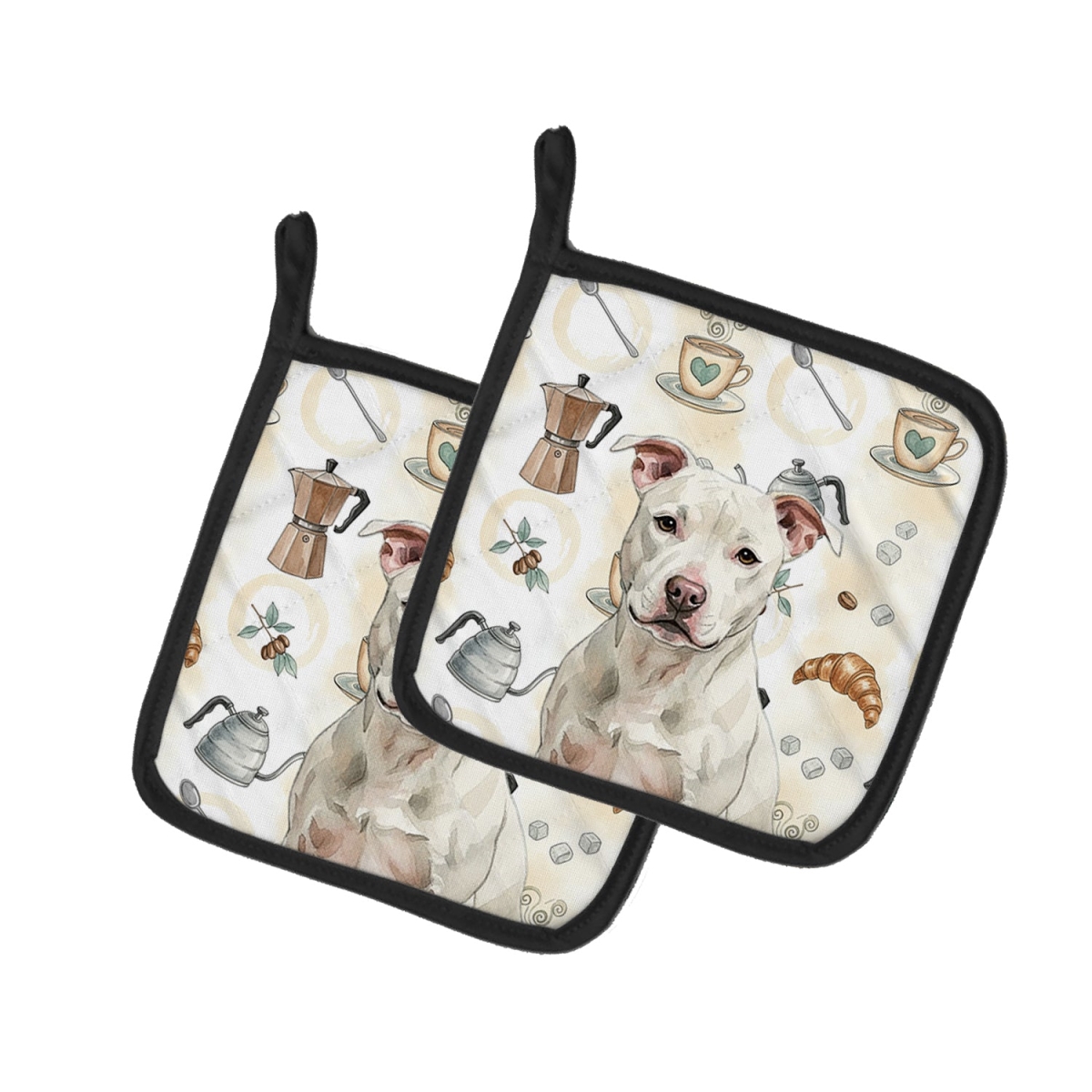 Picture of Carolines Treasures WDK7631PTHD 7.5 x 7.5 in. White Staffordshire Bull Terrier Coffee Bar Pair of Pot Holders