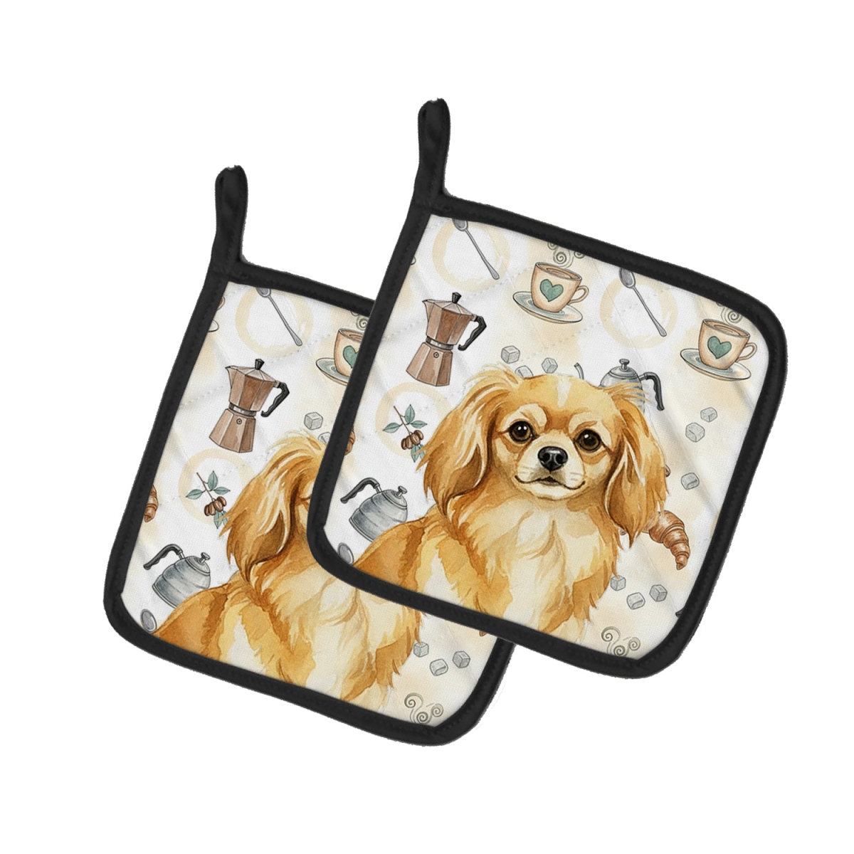 Picture of Carolines Treasures WDK7640PTHD 7.5 x 7.5 in. Gold Tibetan Spaniel Coffee Bar Pair of Pot Holders