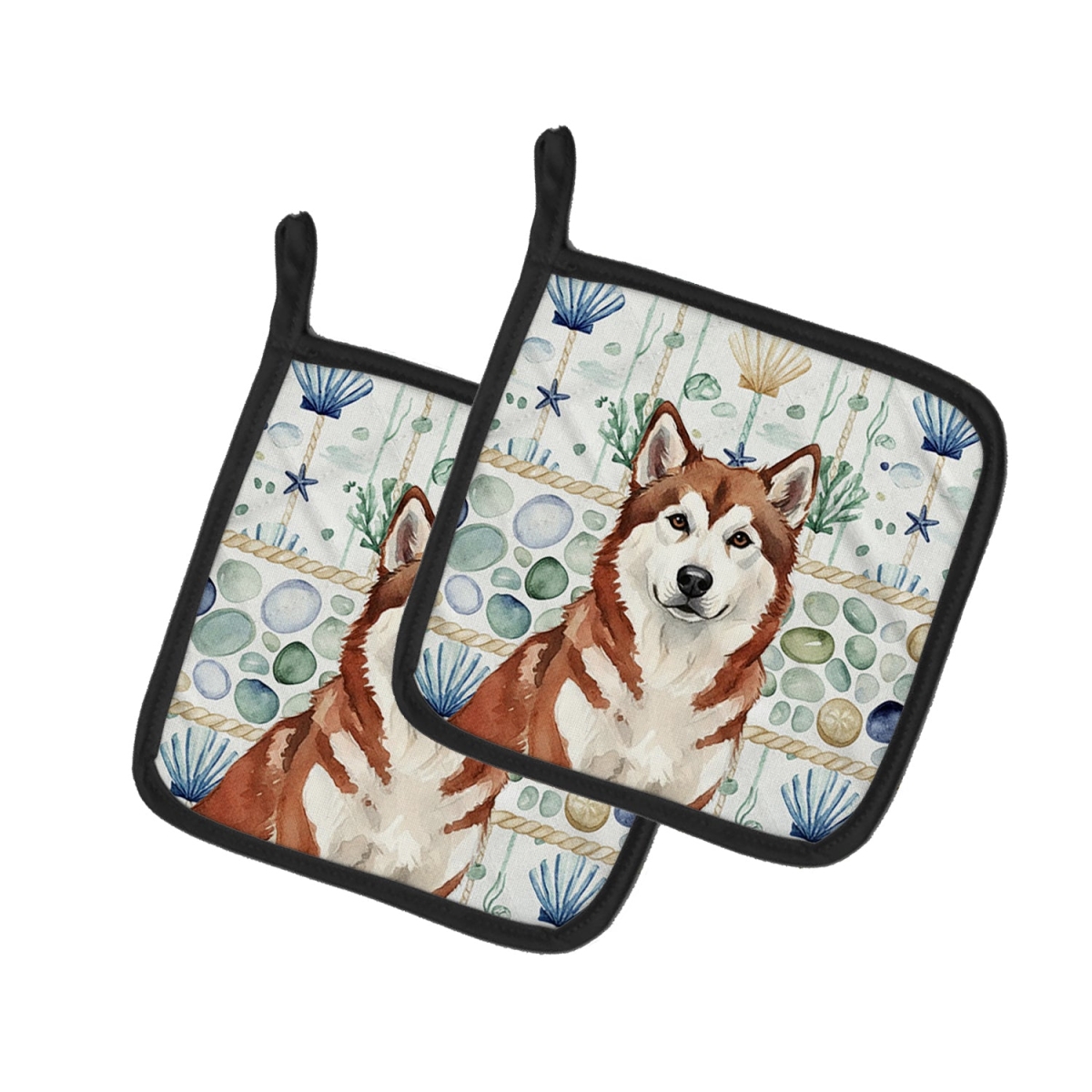 Picture of Carolines Treasures WDK6875PTHD 7.5 x 7.5 in. Red & White Alaskan Malamute Coastal Sea Glass Pair of Pot Holders
