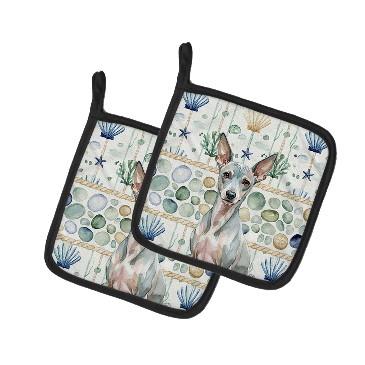 Picture of Carolines Treasures WDK6878PTHD 7.5 x 7.5 in. American Hairless Terrier Coastal Sea Glass Pair of Pot Holders