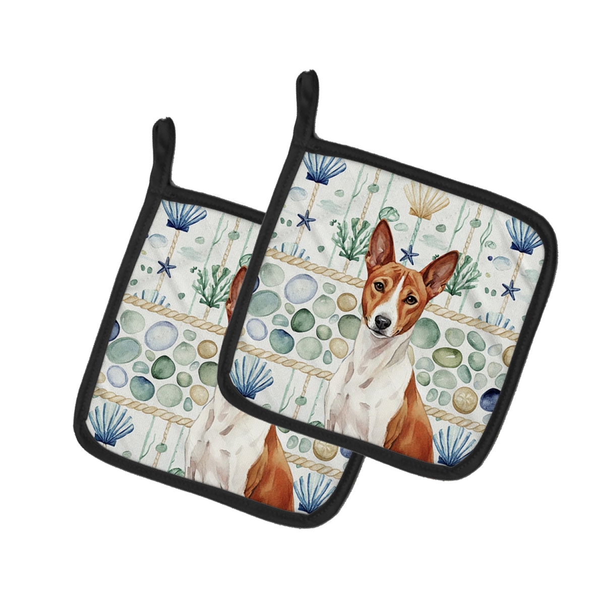 Picture of Carolines Treasures WDK6894PTHD 7.5 x 7.5 in. Red & White Basenji Coastal Sea Glass Pair of Pot Holders