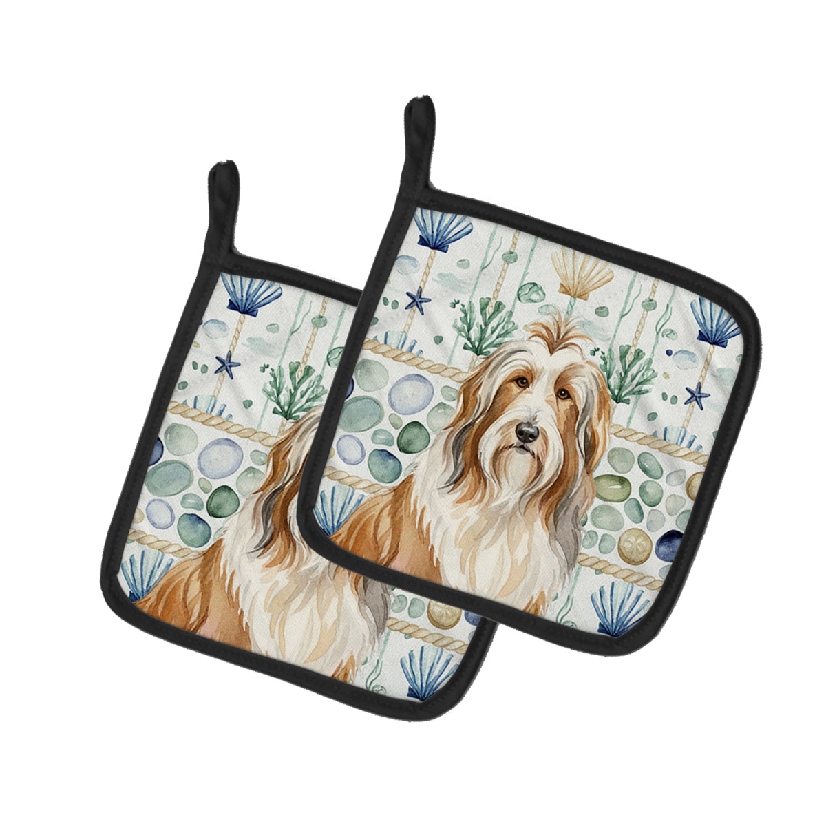 Picture of Carolines Treasures WDK6904PTHD 7.5 x 7.5 in. Fawn Bearded Collie Coastal Sea Glass Pair of Pot Holders
