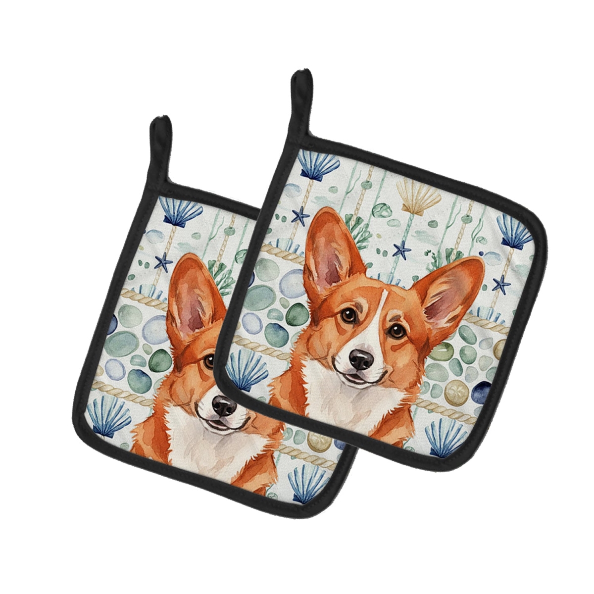 Picture of Carolines Treasures WDK6961PTHD 7.5 x 7.5 in. Red Cardigan Welsh Corgi Coastal Sea Glass Pair of Pot Holders