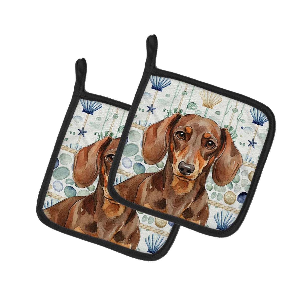 Picture of Carolines Treasures WDK6992PTHD 7.5 x 7.5 in. Chocolate & Tan Dachshund Coastal Sea Glass Pair of Pot Holders