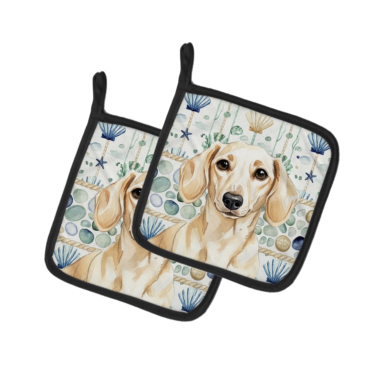 Picture of Carolines Treasures WDK6993PTHD 7.5 x 7.5 in. Cream Dachshund Coastal Sea Glass Pair of Pot Holders